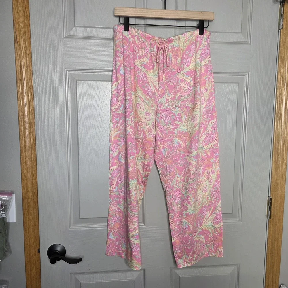 New RALPH LAUREN 2PC Pajama Set Pink Paisley Floral Short Sleeve Capri Pant